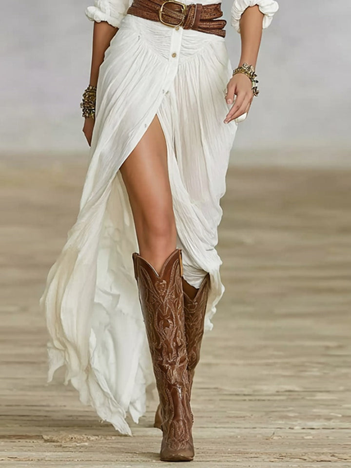 Crissa | Long Belted Dress With Pleated Lapels