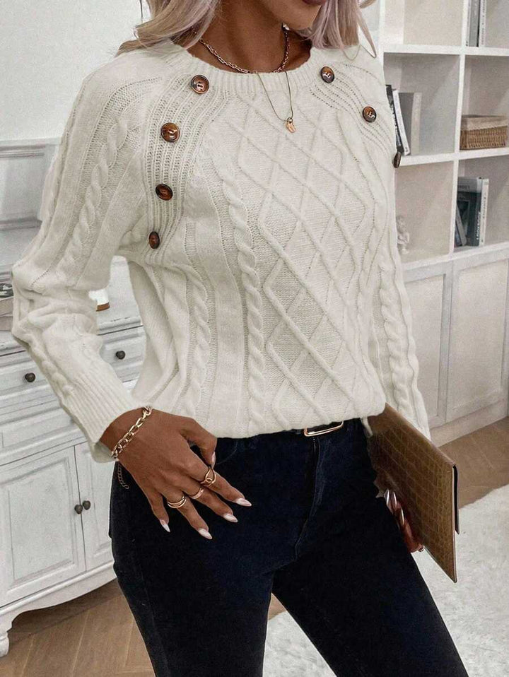 Clara – Button-Detail Cable Knit Jumper