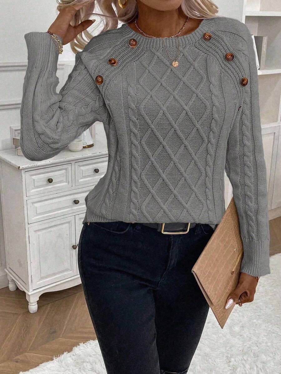 Clara – Button-Detail Cable Knit Jumper