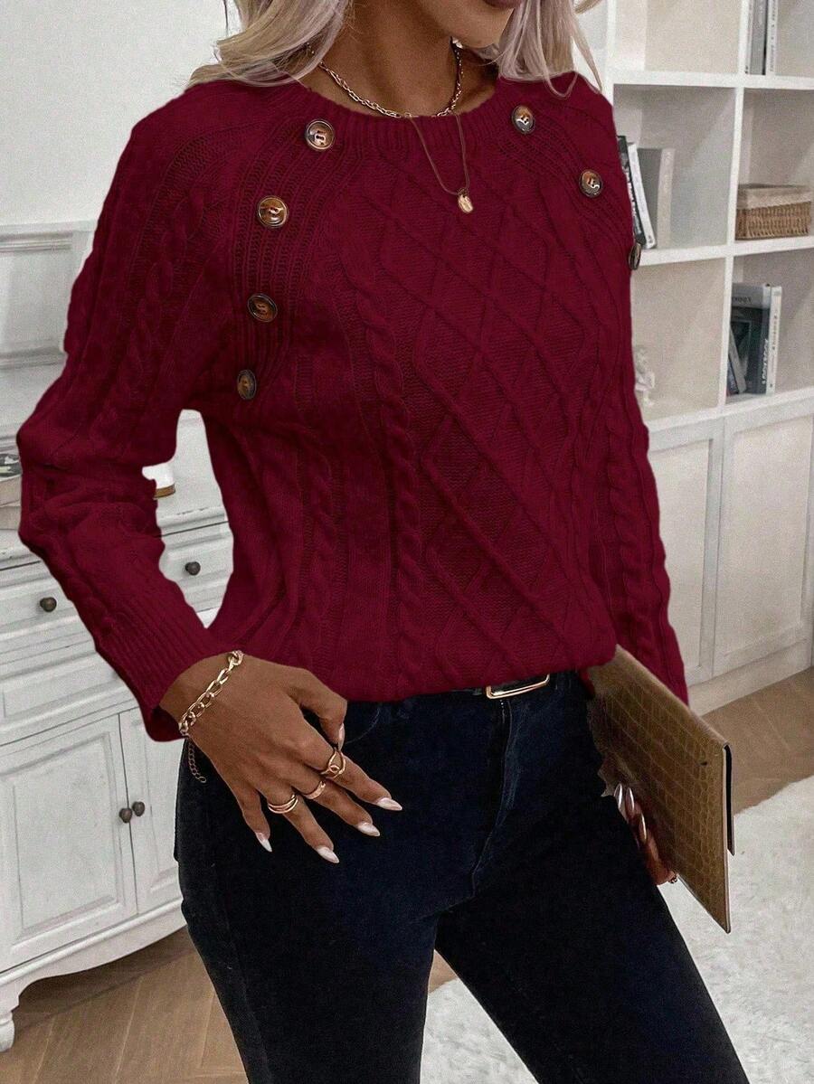 Clara – Button-Detail Cable Knit Jumper